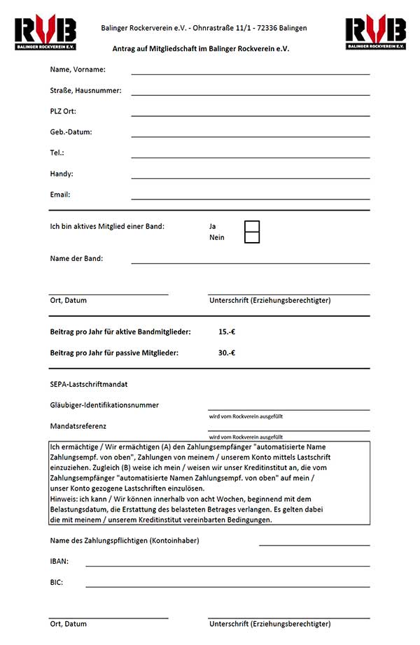 Antragsformular für den Balinger Rockverein e.V.